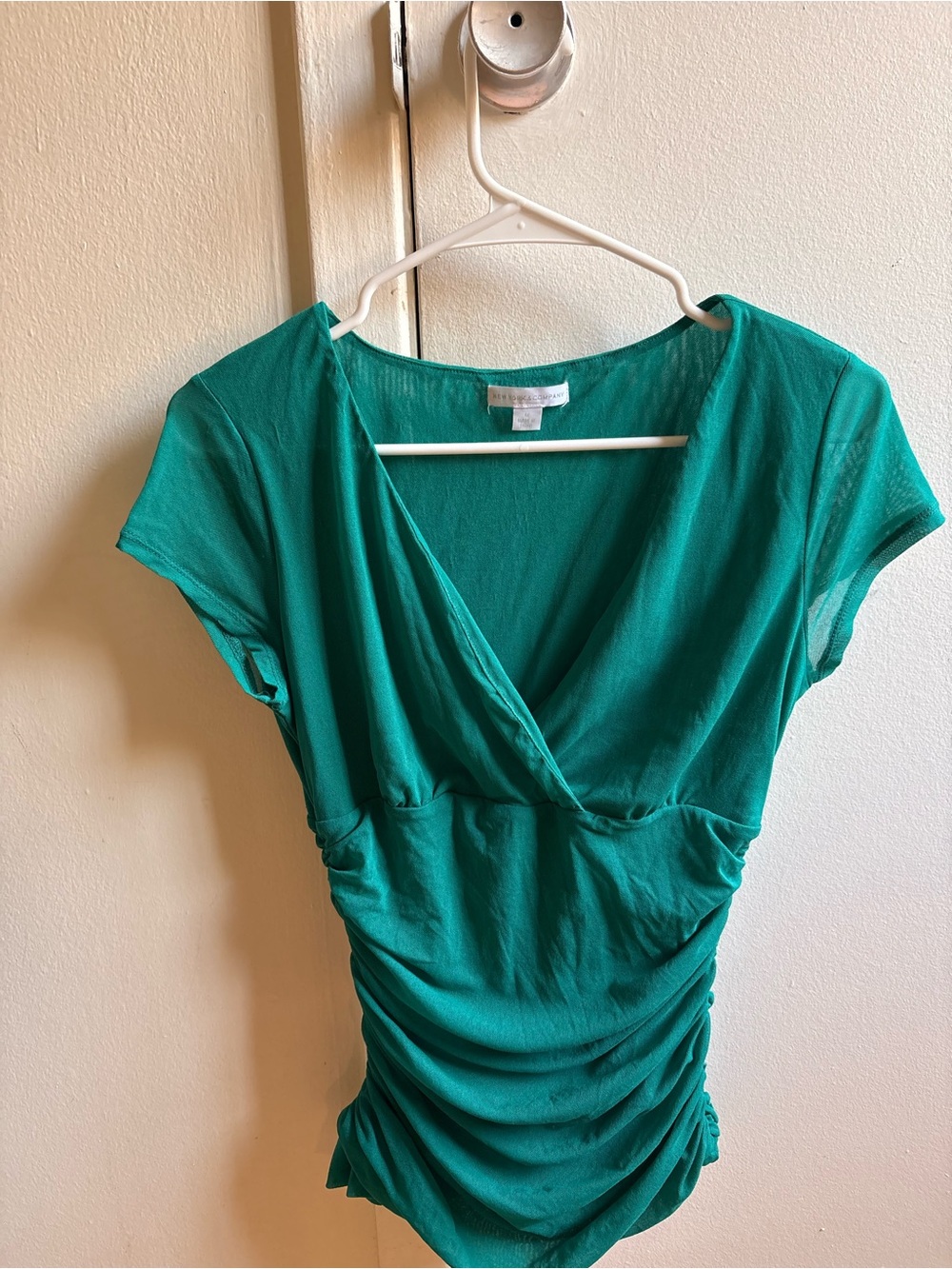 New York & Company Teal Green Ruched Surplice Top